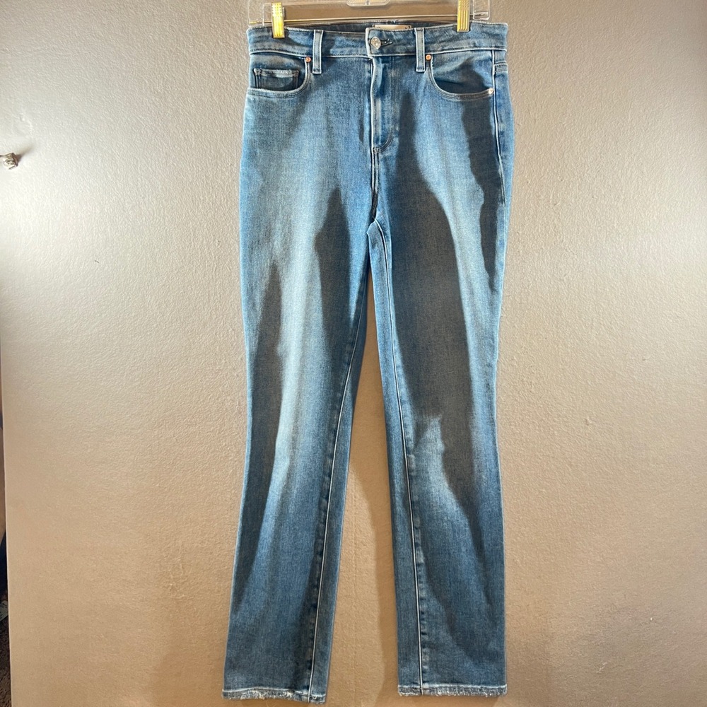 691 | Paige High Rise Stretch Slim Straight Leg Raw Hem Jeans Blue Womens 27